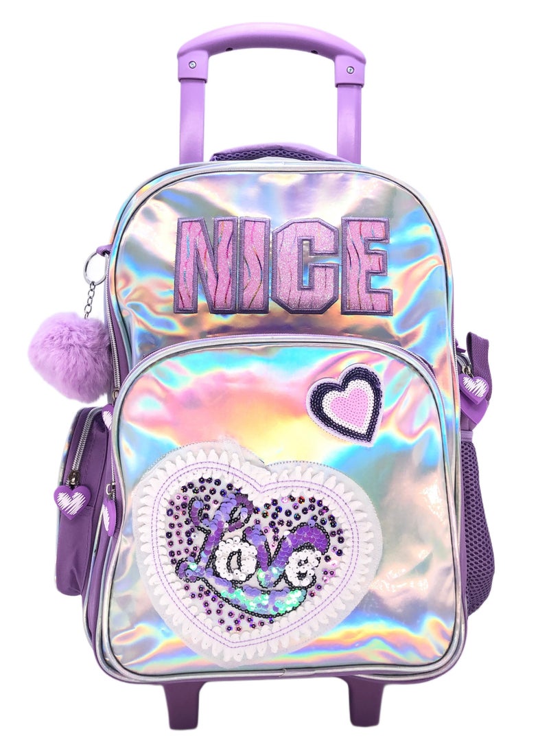 Blue Pink Love Design Rolling Backpack 18 inch Wheeled Kids Backpack with Lunch Bag and Pencil Case for Girls Blue and Pink