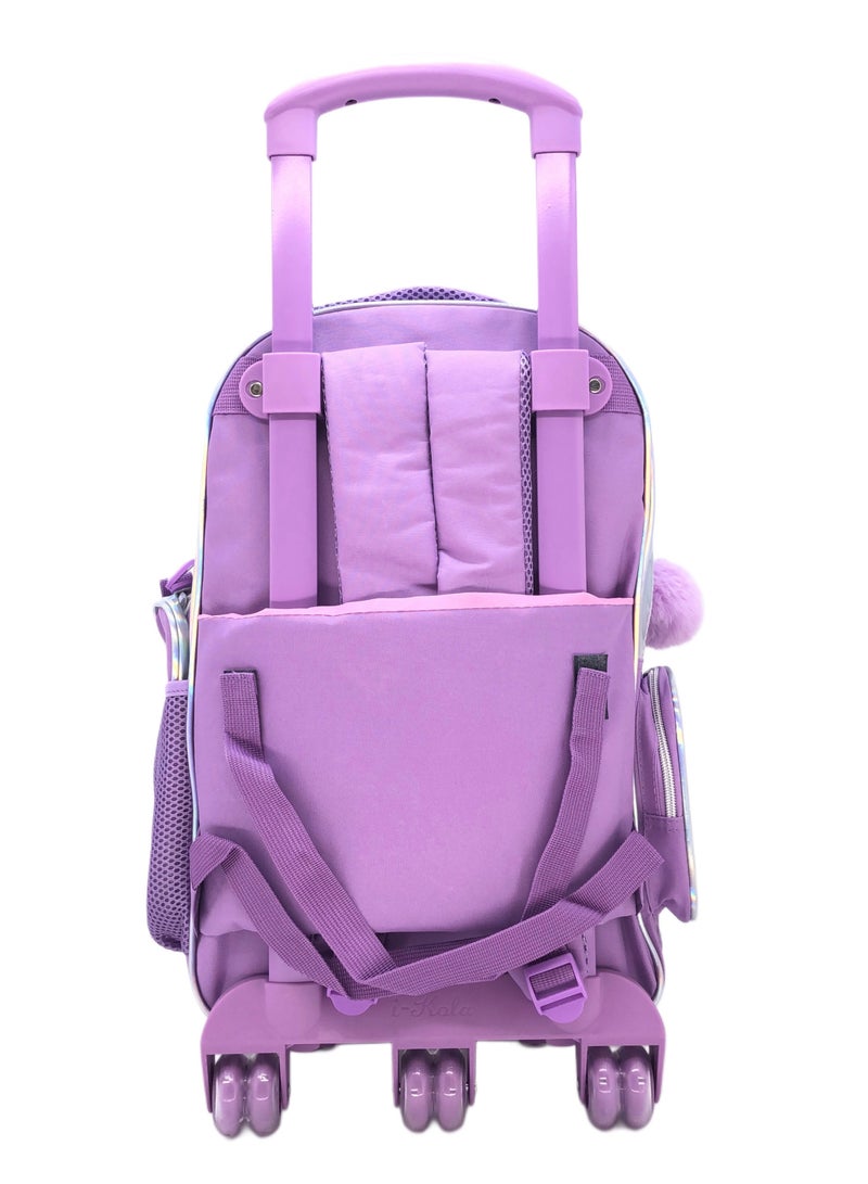 Blue Pink Love Design Rolling Backpack 18 inch Wheeled Kids Backpack with Lunch Bag and Pencil Case for Girls Blue and Pink