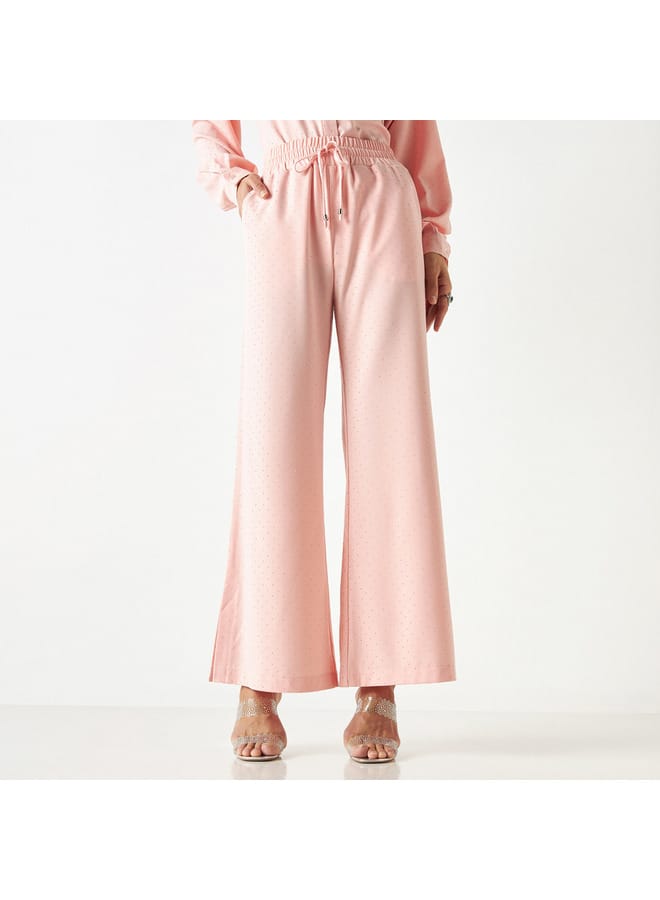 Iconic All-Over Embellished Flared Leg Pants with Elasticated Waistband and Pockets