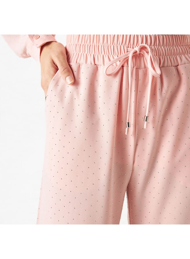 Iconic All-Over Embellished Flared Leg Pants with Elasticated Waistband and Pockets