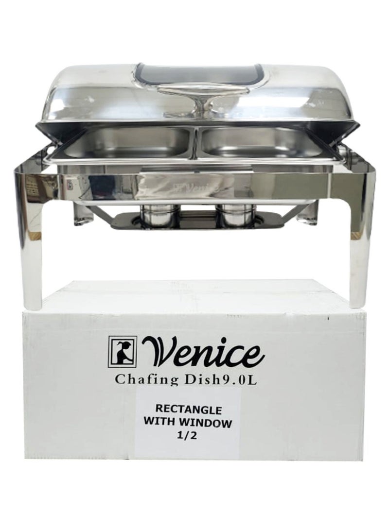 Roll Top Chafing Dish  With Window  Double Compartment Silver 9 Ltr