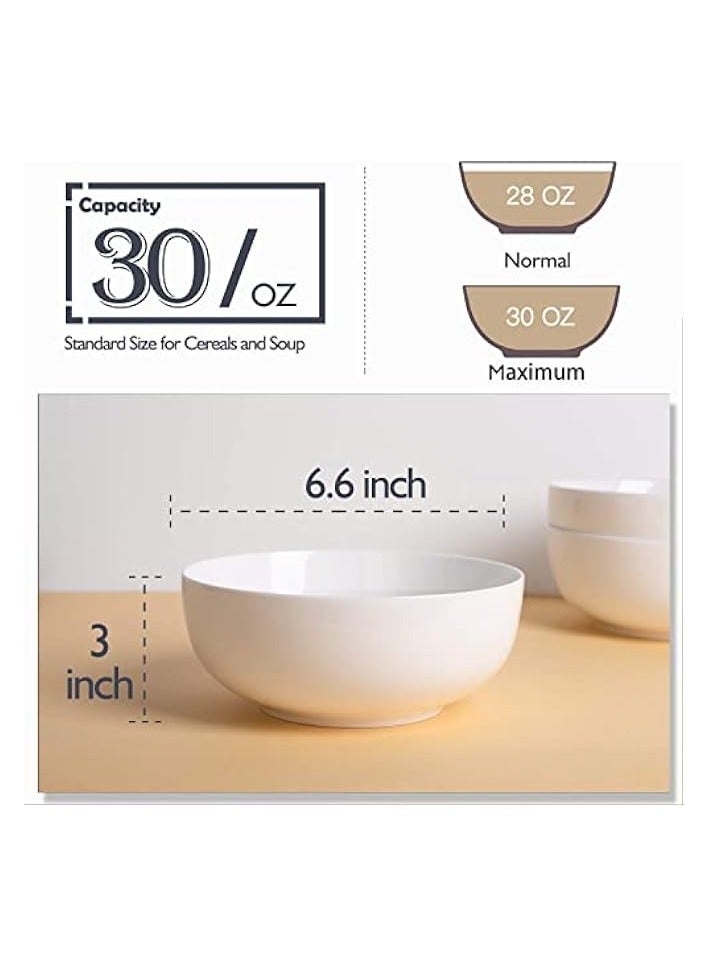 30 OZ Ceramic Soup Bowls Set of 6 - Cereal Bowls for Kitchen, Pasta, Salad, Large White Serving Bowls, Lightweight, Rice Bowls,Nut Bowls, Large White Bowls for Rice Oatmeal