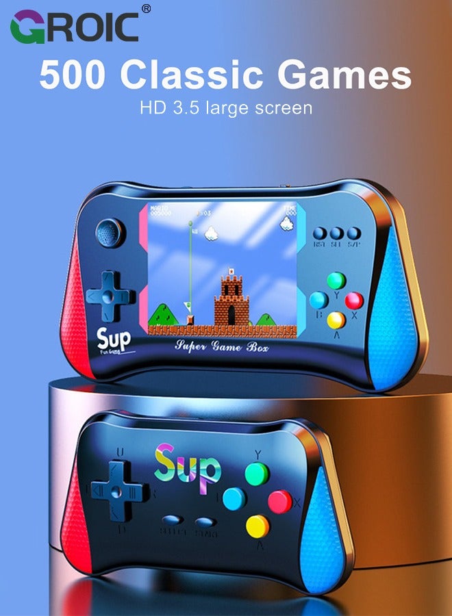 Black Handheld Game Console, 3.5 Inch Screen, Mini Games Console with 500 Classical Games Portable Video Game Consoles, Handheld Gaming Console Support for Connecting TV & Two Players