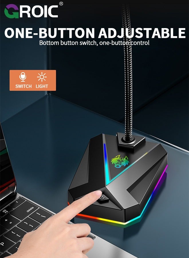 USB Computer Microphone - with RGB Rainbow Microphone for Computer with PC Laptop Desktop Mac PS4, Play & Plug Gooseneck Mic Recording for Gaming, Vocal, Dictation