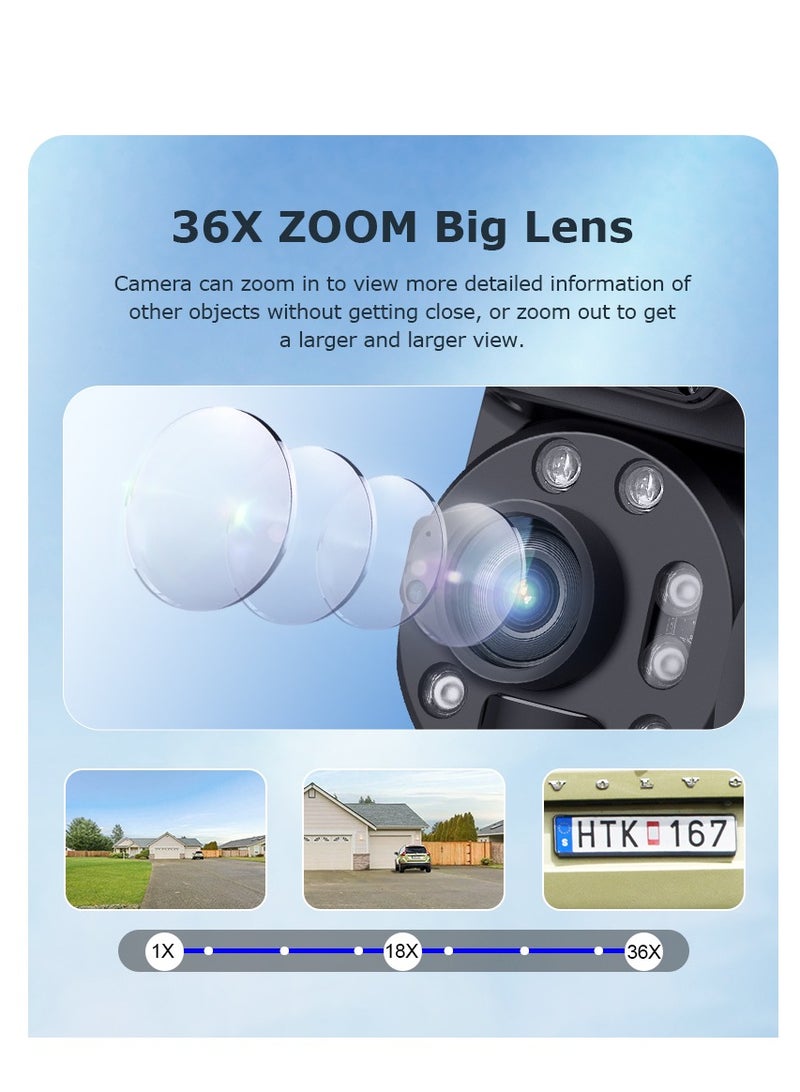 36X Optical Zoom 4G Lte Cellular Security Camera CCTV Camera Dual-Lens 6W Monocrystalline Silicon Solar Panel With 12000MA Built-In Lithium Battery Siren Alarm Color Night Vision,Dual Screen Ip66 Outdoor Waterproof And Rainproof