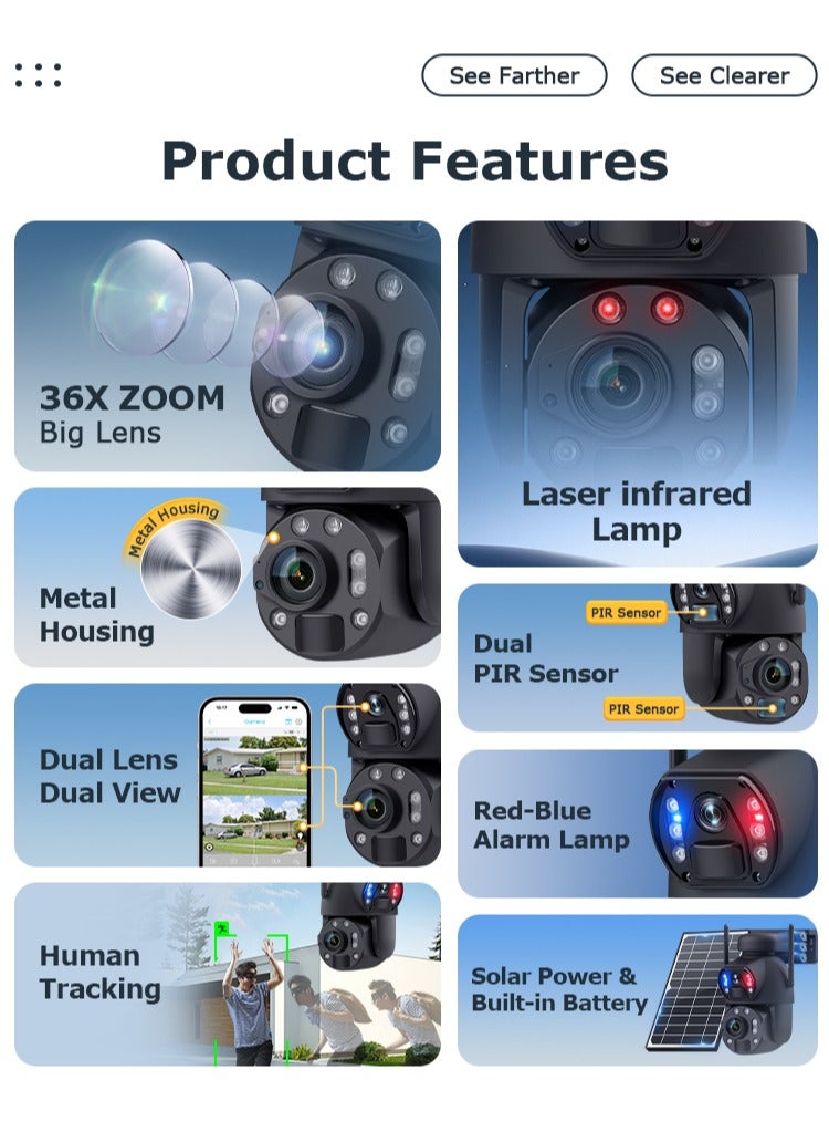 36X Optical Zoom 4G Lte Cellular Security Camera CCTV Camera Dual-Lens 6W Monocrystalline Silicon Solar Panel With 12000MA Built-In Lithium Battery Siren Alarm Color Night Vision,Dual Screen Ip66 Outdoor Waterproof And Rainproof