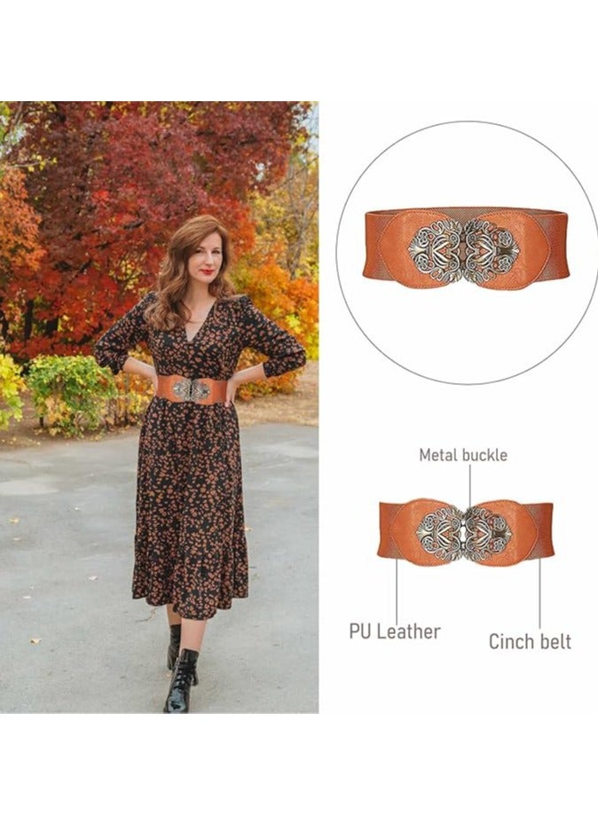 Women Cinch Belt, PU Leather Stretchy Waist Belt with Floral Metal Buckle, Retro Style, 25-35 Inch