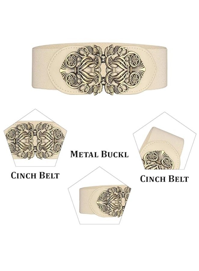 Women Cinch Belt, PU Leather Stretchy Waist Belt with Floral Metal Buckle, Retro Style, 25-35 Inch