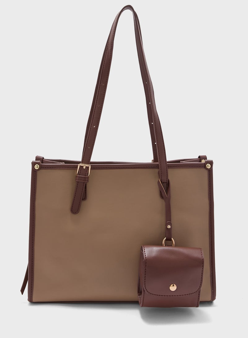 Contrast Color Tote Bag With Pouch