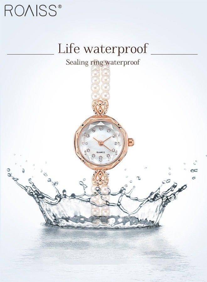 Women's Pearl Strap Quartz Watch Analog Display Round Dial with Rhinestones Decoration Waterproof Bracelet Wristwatch as Gift for Women
