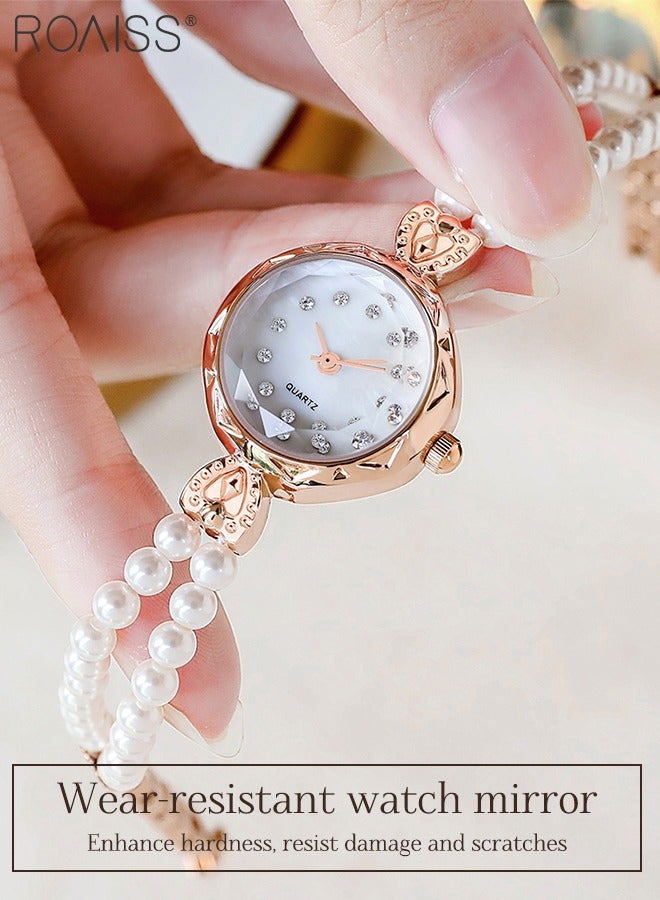 Women's Pearl Strap Quartz Watch Analog Display Round Dial with Rhinestones Decoration Waterproof Bracelet Wristwatch as Gift for Women