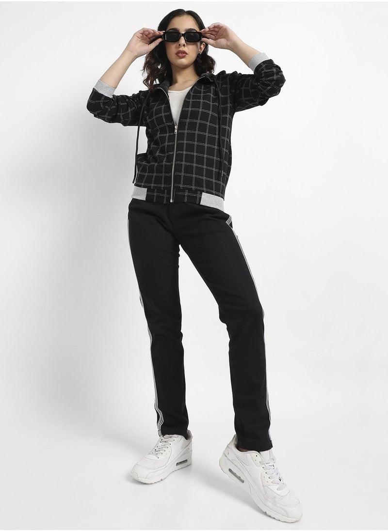 Women's Black Checkered Jacket With Contrast Hem