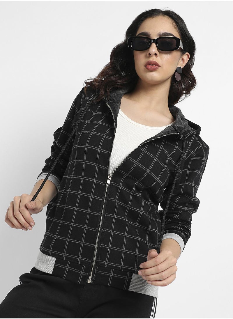 Women's Black Checkered Jacket With Contrast Hem