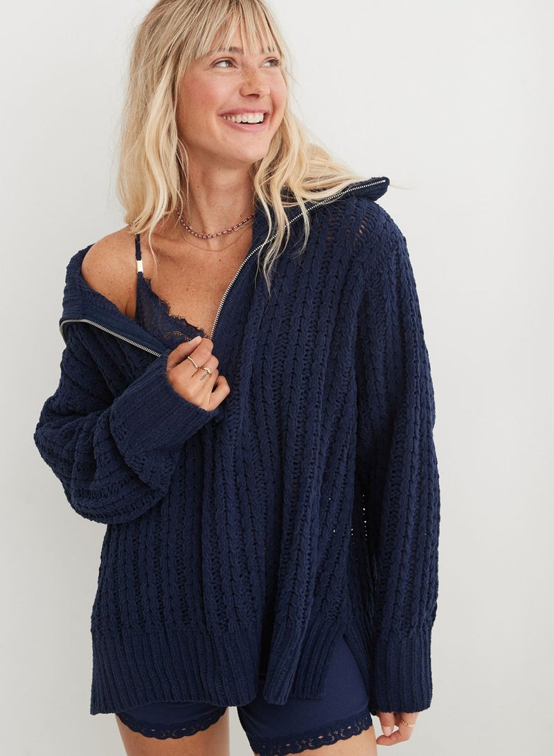 Quarter Zip Braided Knitted Sweater