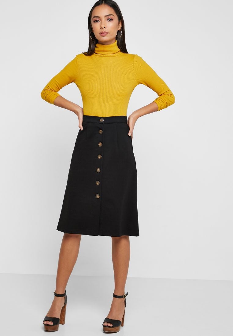 Button Through Midi Skirt Black