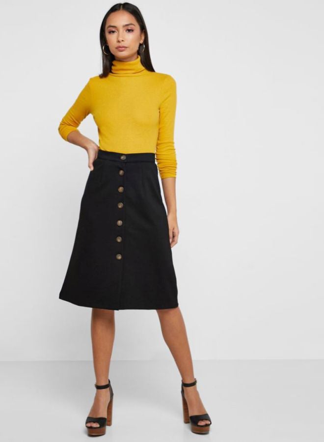 Button Through Midi Skirt Black