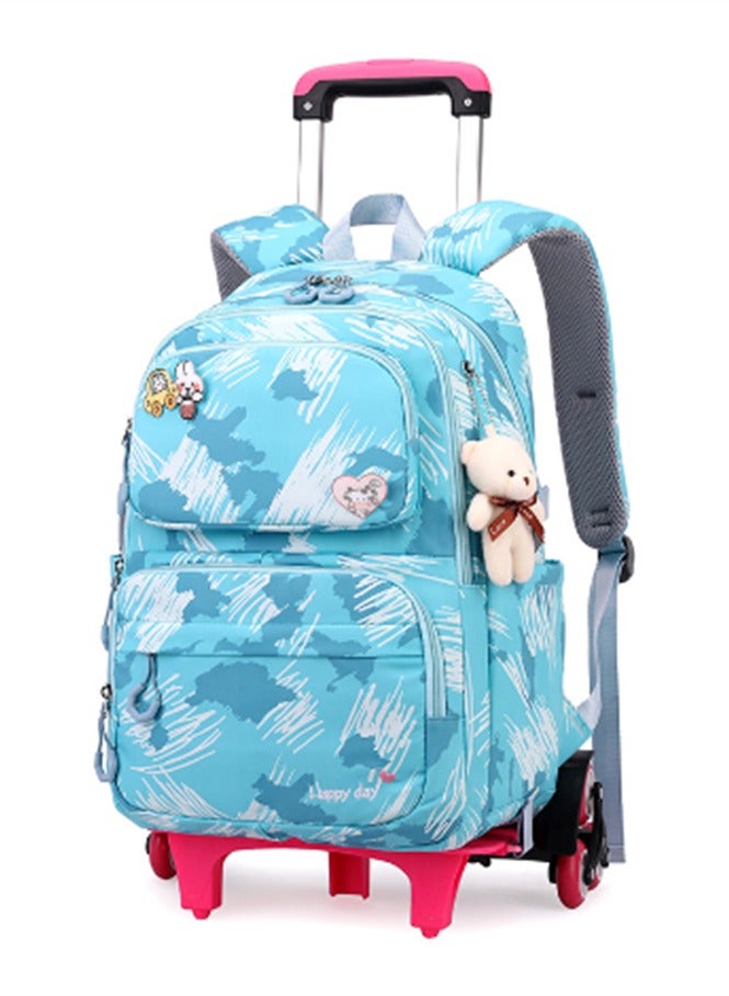 Students Backpack for Girls, Kids School Bag with Wheels Toddler Wheeled Bookbag, Fashion Printed Trolley Bags for Elementary and Middle School (Blue-5155)