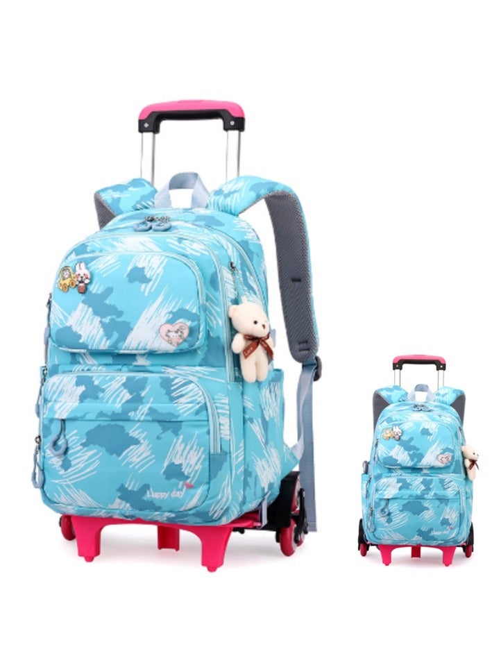 Students Backpack for Girls, Kids School Bag with Wheels Toddler Wheeled Bookbag, Fashion Printed Trolley Bags for Elementary and Middle School (Blue-5155)