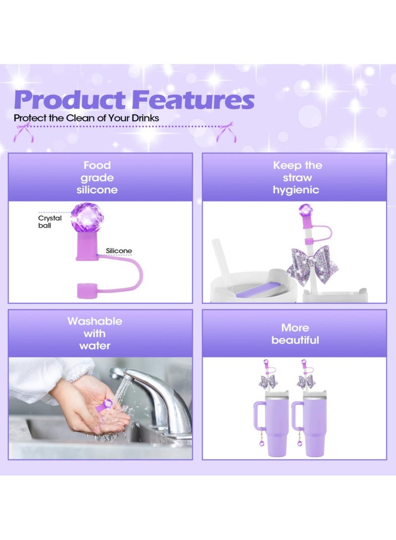 Bling Straw Cover Set for Stanley Cup Accessories (30 oz & 40 oz) - Sparkling Crystal Rhinestone Topper, Cute Bow Tie & Handle Chain Charm, 10mm Dust Plug Cap