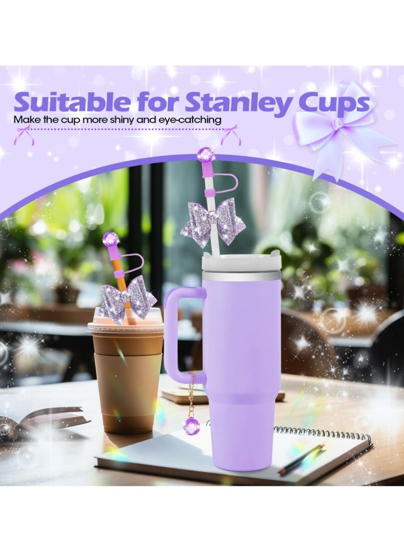 Bling Straw Cover Set for Stanley Cup Accessories (30 oz & 40 oz) - Sparkling Crystal Rhinestone Topper, Cute Bow Tie & Handle Chain Charm, 10mm Dust Plug Cap