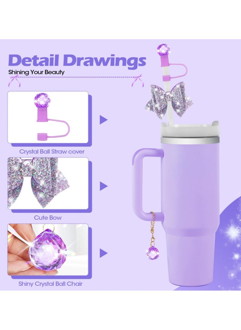 Bling Straw Cover Set for Stanley Cup Accessories (30 oz & 40 oz) - Sparkling Crystal Rhinestone Topper, Cute Bow Tie & Handle Chain Charm, 10mm Dust Plug Cap
