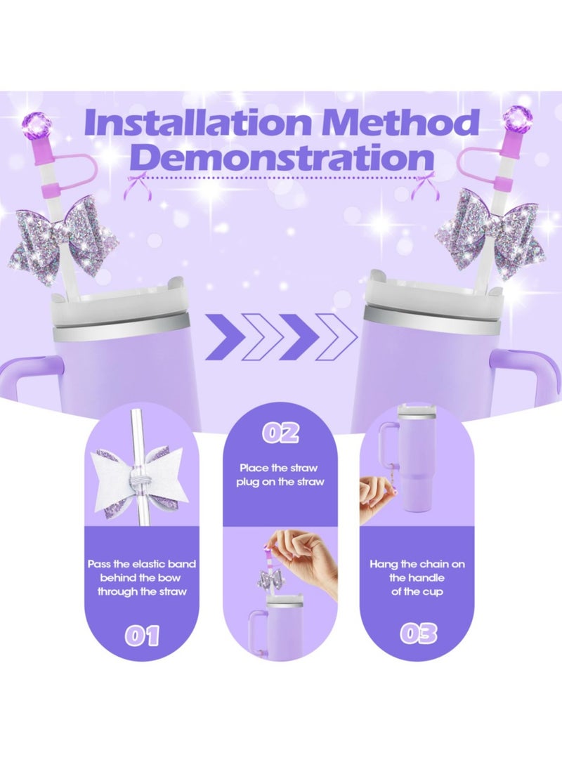 Bling Straw Cover Set for Stanley Cup Accessories (30 oz & 40 oz) - Sparkling Crystal Rhinestone Topper, Cute Bow Tie & Handle Chain Charm, 10mm Dust Plug Cap