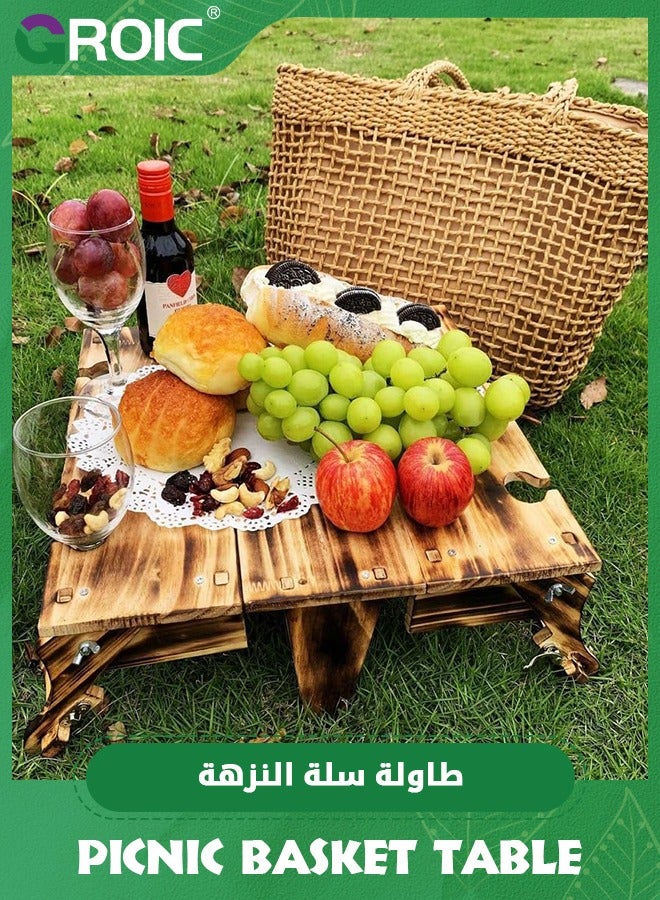 Wooden Outdoor Folding Picnic Basket Table, Folding Picnic Table with Wine Glass Holder, 2-in-1 Picnic Table Convertible Storage Wooden Basket, Natural Travel Camping Equipment Portable Picnic Table