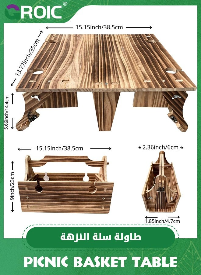 Wooden Outdoor Folding Picnic Basket Table, Folding Picnic Table with Wine Glass Holder, 2-in-1 Picnic Table Convertible Storage Wooden Basket, Natural Travel Camping Equipment Portable Picnic Table