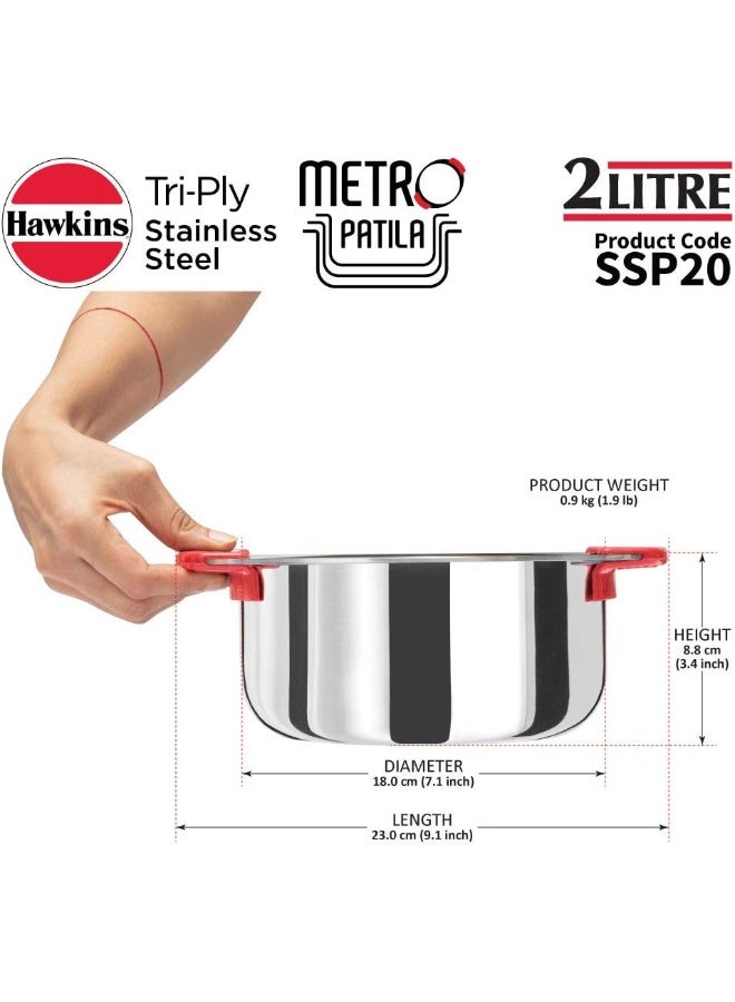 Hawkins 2 Litre Metro Patila, Triply Stainless Steel Tope, Induction Bhagona, Tapeli, Silver