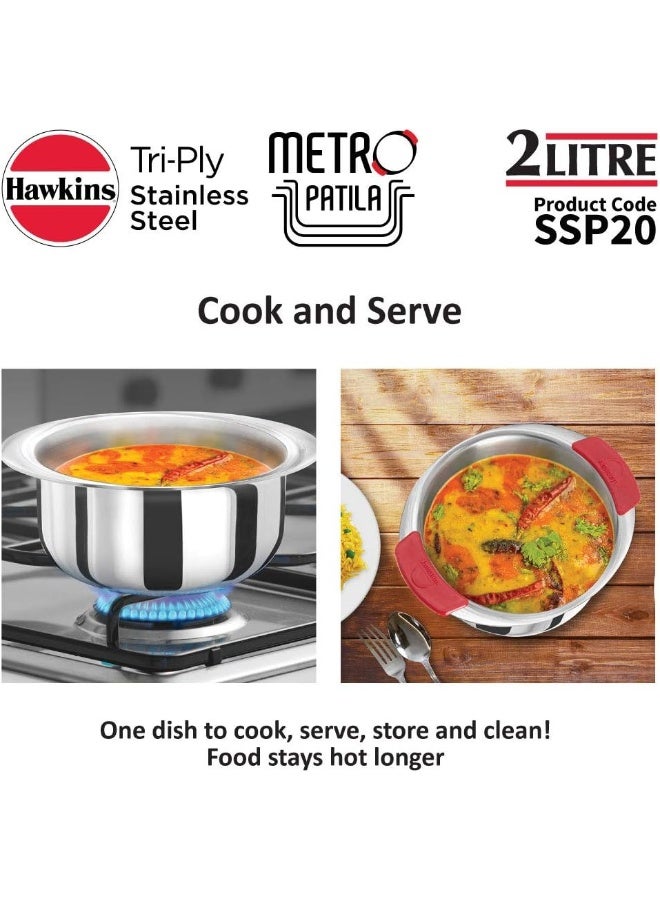 Hawkins 2 Litre Metro Patila, Triply Stainless Steel Tope, Induction Bhagona, Tapeli, Silver