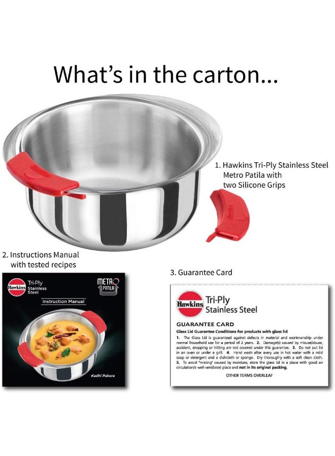 Hawkins 2 Litre Metro Patila, Triply Stainless Steel Tope, Induction Bhagona, Tapeli, Silver