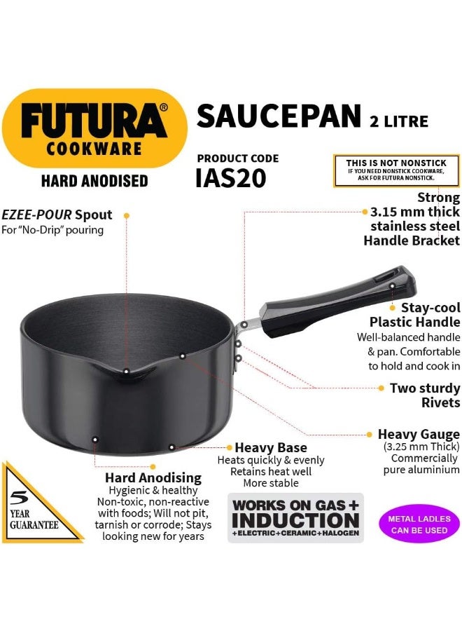 Futura Hard Anodised Saucepan Without LID and Induction Compatible Base 3.25mm Thick 2 Litre s Black