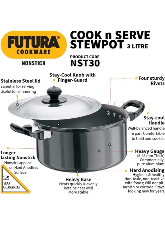 Futura Nonstick Cook N Serve Stewpot With Steel Lid 3 Litre s Black