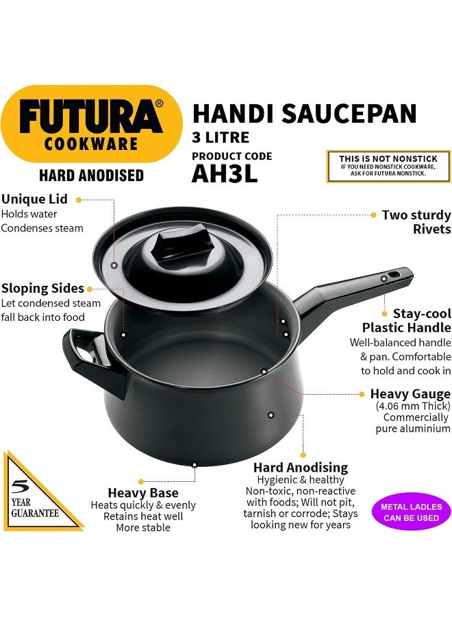 Futura Hard Anodised Handi Saucepan With Steel LID 4.06mm Thick 3 Litre s Black