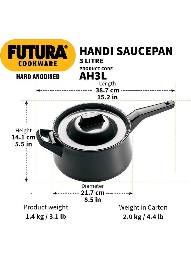 Futura Hard Anodised Handi Saucepan With Steel LID 4.06mm Thick 3 Litre s Black