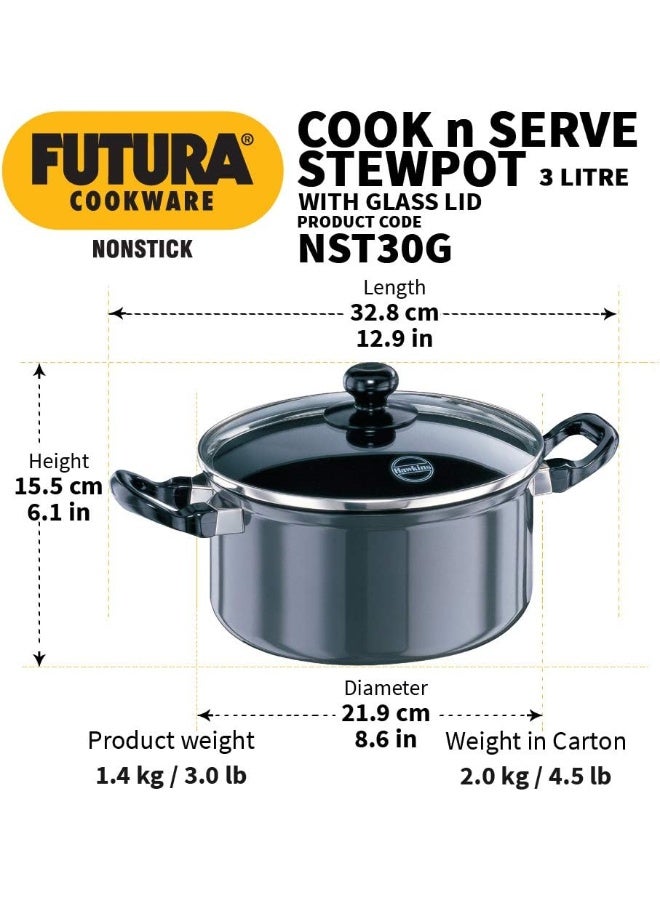 Futura 3 Litre Cook n Serve Stewpot Non Stick Pot with Glass Lid Cooking Pot with Lid Black NST30G