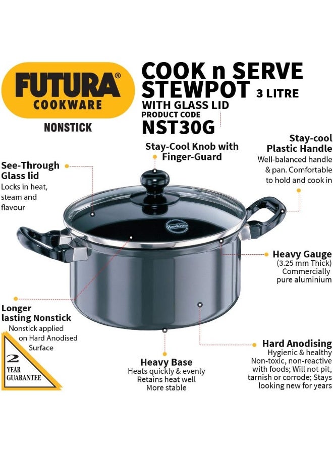 Futura 3 Litre Cook n Serve Stewpot Non Stick Pot with Glass Lid Cooking Pot with Lid Black NST30G