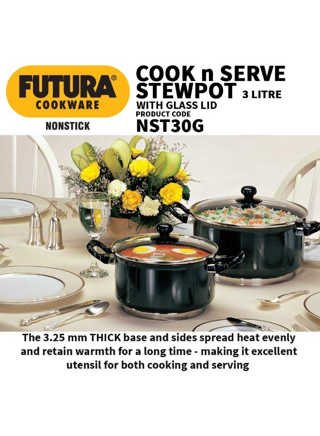 Futura 3 Litre Cook n Serve Stewpot Non Stick Pot with Glass Lid Cooking Pot with Lid Black NST30G