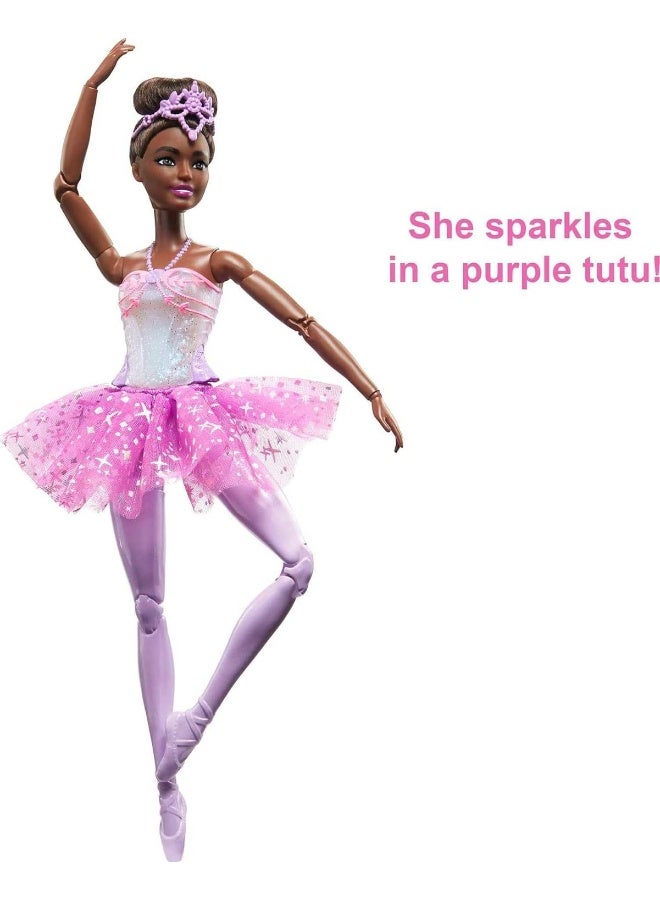 Barbie Doll | Magical Ballerina Doll | Black Hair | Light-Up Feature | Tiara and Purple Tutu | Ballet Dancing | Poseable | Kids Toys