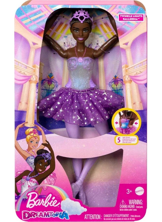 Barbie Doll | Magical Ballerina Doll | Black Hair | Light-Up Feature | Tiara and Purple Tutu | Ballet Dancing | Poseable | Kids Toys