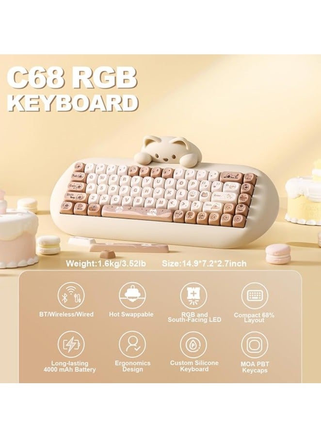 C68 Wireless Mechanical Keyboard, 65% Gaming Keyboard Hot Swap,Triple Mode BT5.0/2.4G/Wired,RGB Backlit NKRO,Cute Cat Silicone Ergonomic Keyboard for Win/Mac（Milk Switch，Brown)