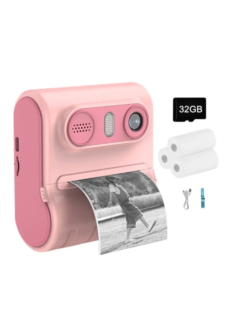 Digital Camera For Kids 46MP Kids Camera With 32GB SD Card Full HD 1080P Cameras Mini Kids Camera With Instant Print Thermal Printer With 3 Thermal Rolls 2.4Inch Eye Protect Screen With Speaker Pink