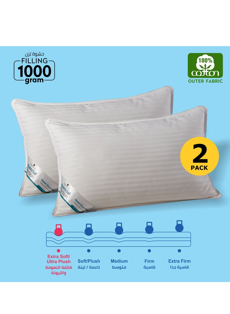 2 Pieces Hotel Striped Pillow Cotton shell Double Edge Stitched Premium Gel Fiber 1000 gms Filling each 50x75 Soft Loft,White