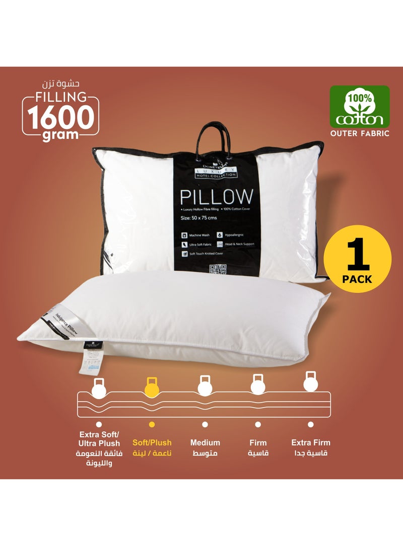 Single Hotel Cotton Pillow Shell Double Edge Stitched Premium Gel Fiber 1600 gms Filling 50x75 Soft Loft,White