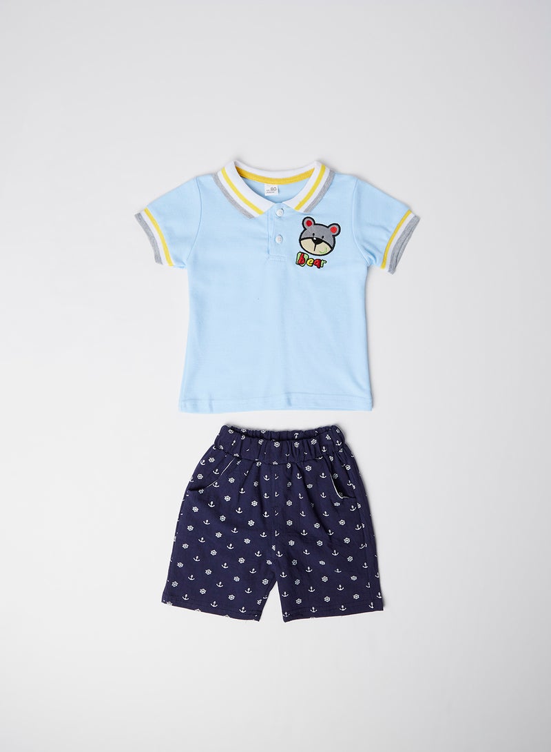 Cute Bear Polo T-Shirt with Shorts Set Sky Blue