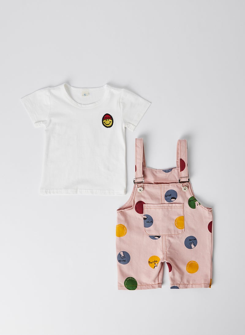 Solid Round Neck T-Shirt with Dungaree Set White