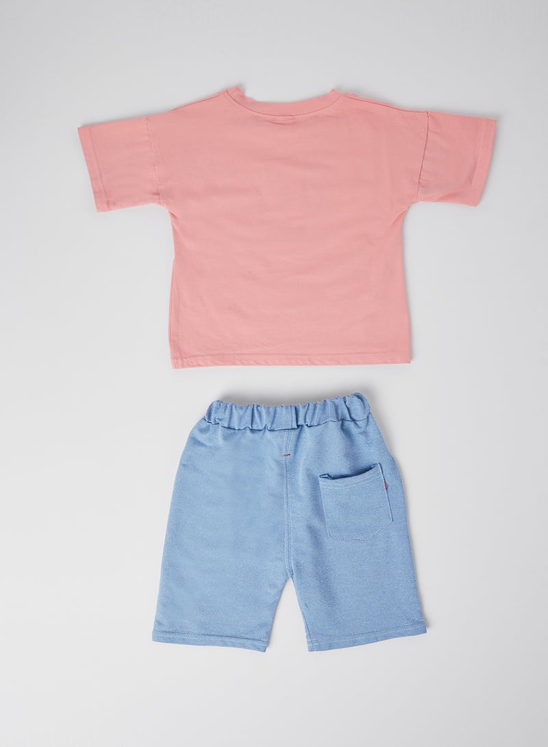 Dino Print Round Neck T-Shirt With Shorts Set Pink