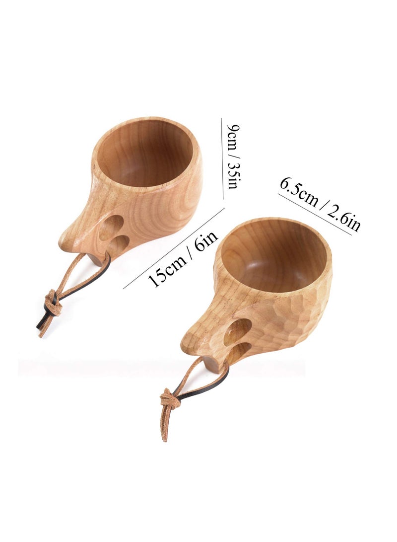 Handcrafted Natural Wood Camping Mugs Set of 2 with Leather Lanyard Portable Hiking Coffee Cups