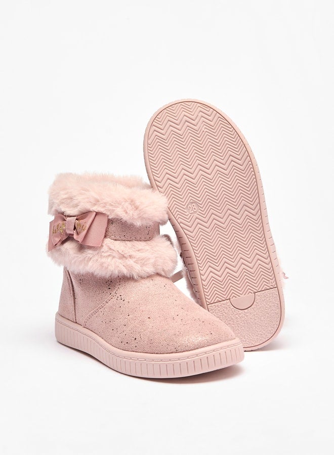 Girl's Faux Fur Ankle Boots with Bow Detail and Zip Closure