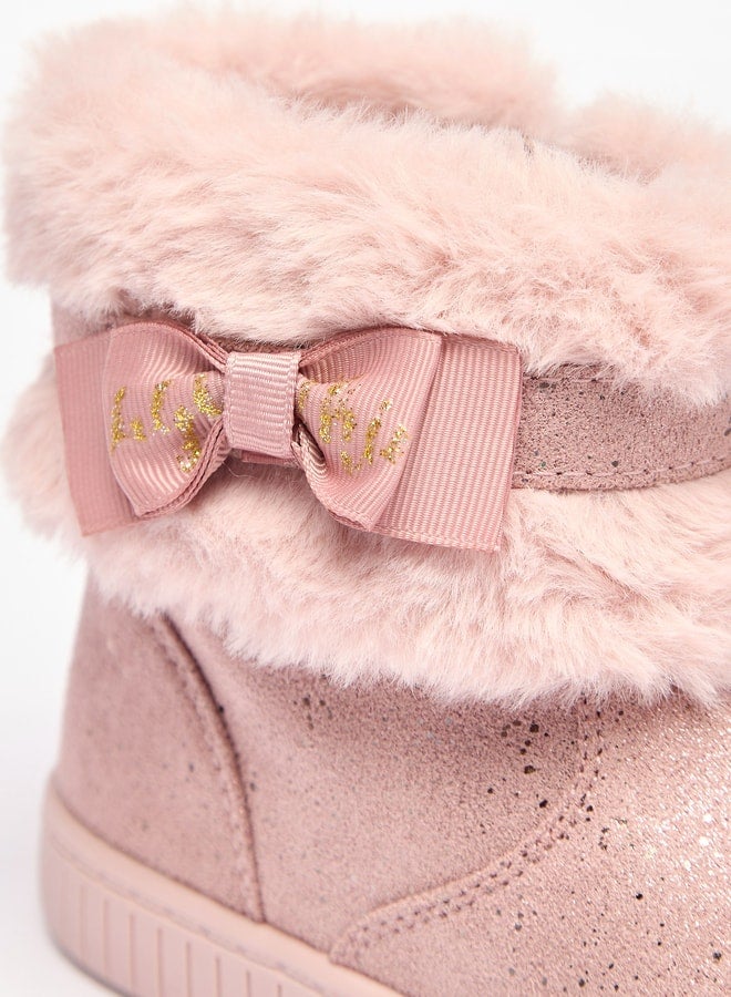 Girl's Faux Fur Ankle Boots with Bow Detail and Zip Closure